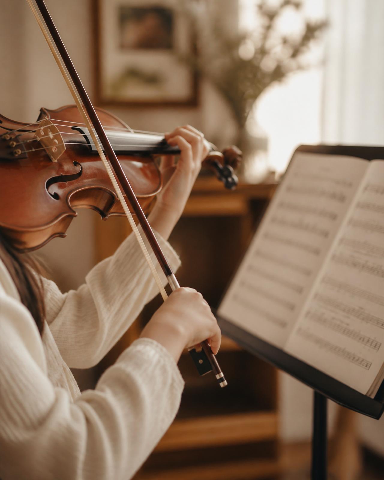 A student playing violin with sheet music on a music stand